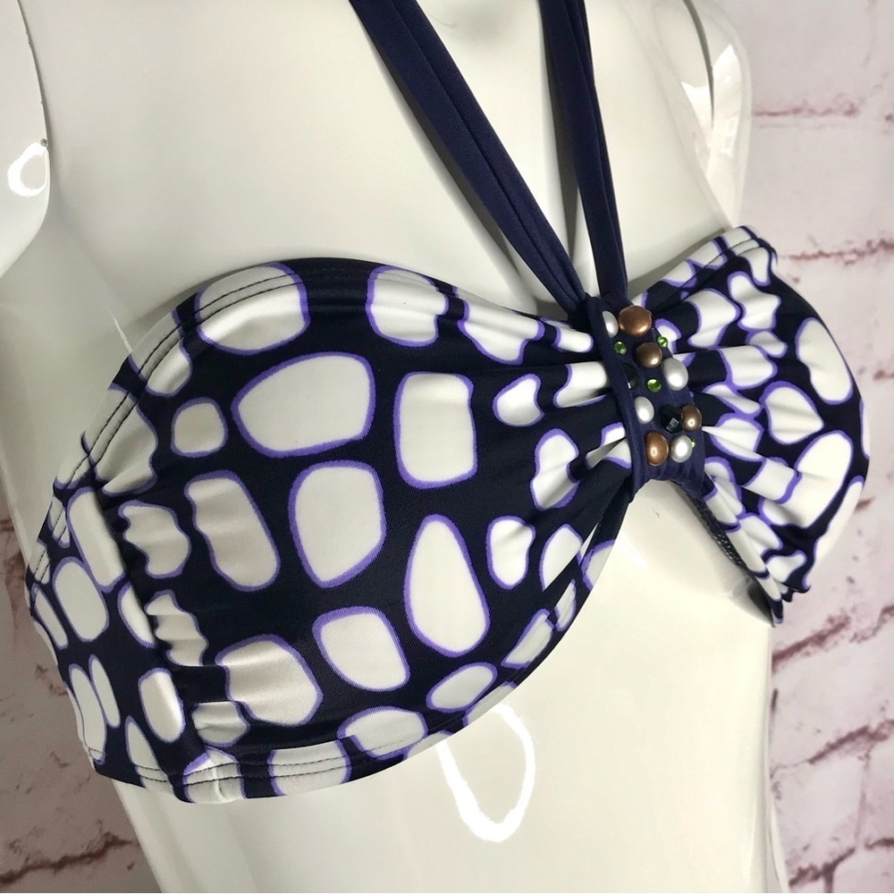 ST. JOHN Pebble Size 6 Bandeau & Halter Tie Embellished Swim Top Navy & White - Picture 13 of 15